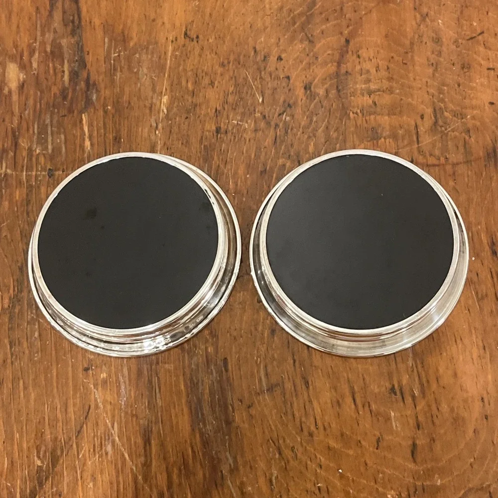 2 Vintage Unmarked Sterling Silver Round Drink Coasters Black Formica Center 3.5